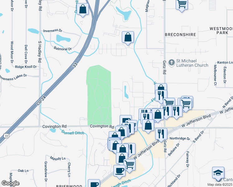 map of restaurants, bars, coffee shops, grocery stores, and more near 6510 Covington Road in Fort Wayne