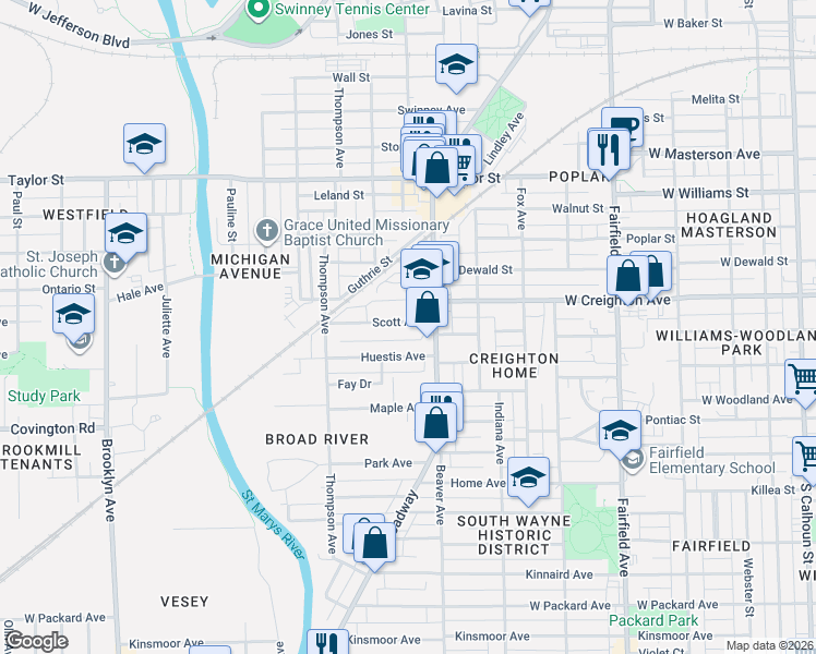 map of restaurants, bars, coffee shops, grocery stores, and more near 1209 Scott Avenue in Fort Wayne