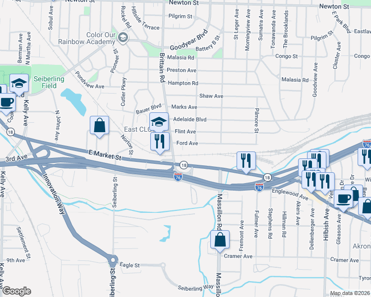 map of restaurants, bars, coffee shops, grocery stores, and more near 1757 Ford Avenue in Akron
