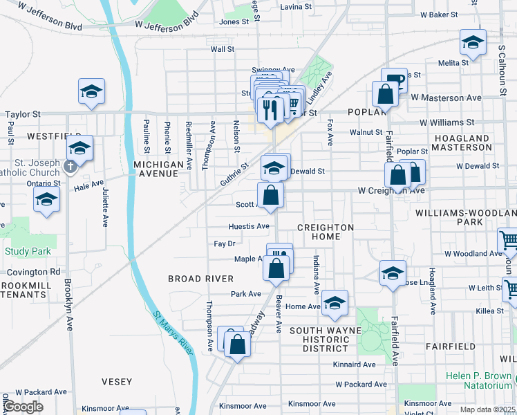 map of restaurants, bars, coffee shops, grocery stores, and more near 1209 Scott Avenue in Fort Wayne