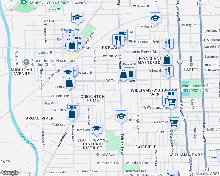 map of restaurants, bars, coffee shops, grocery stores, and more near 2318 Fairfield Avenue in Fort Wayne