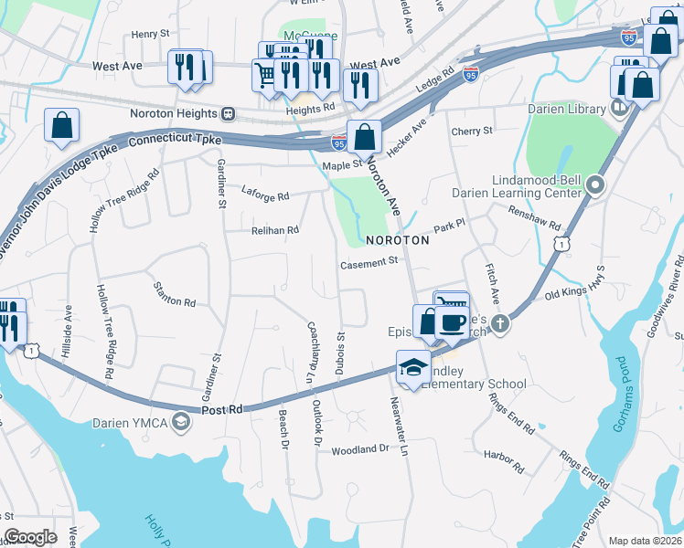 map of restaurants, bars, coffee shops, grocery stores, and more near 30 Casement Street in Darien