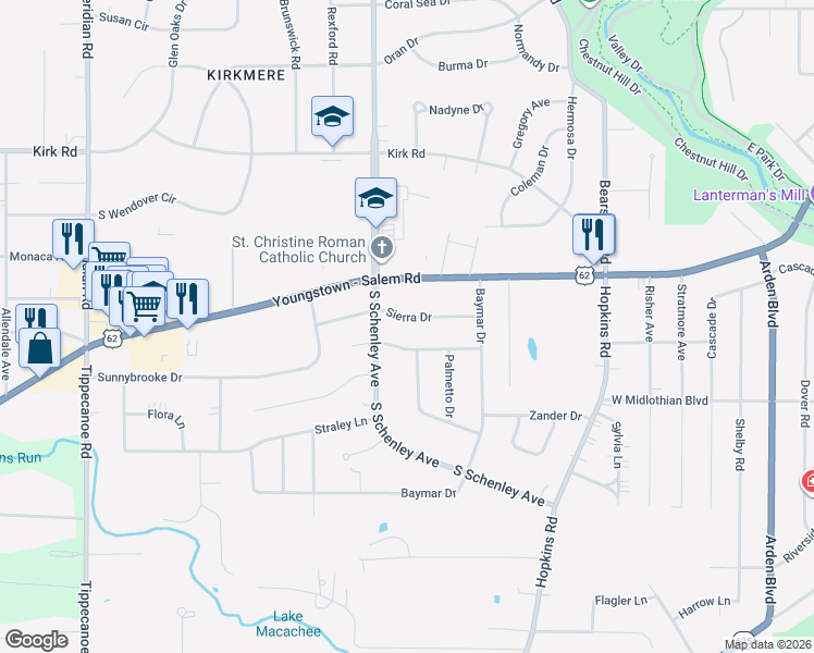 map of restaurants, bars, coffee shops, grocery stores, and more near 2690 Sierra Drive in Youngstown