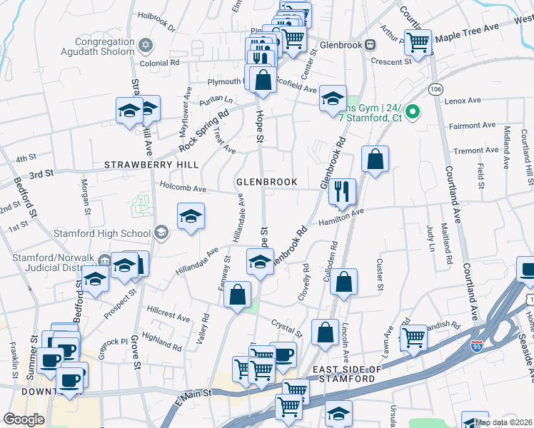 map of restaurants, bars, coffee shops, grocery stores, and more near 69 Hope Street in Stamford