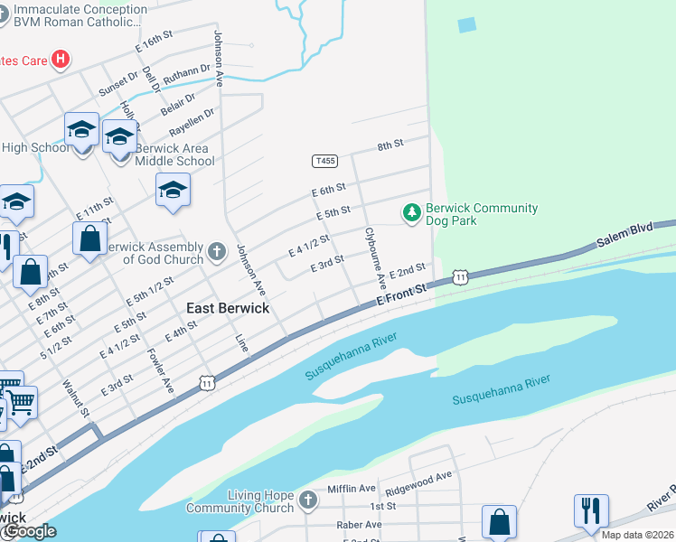 map of restaurants, bars, coffee shops, grocery stores, and more near 1125 E 3rd St in Berwick
