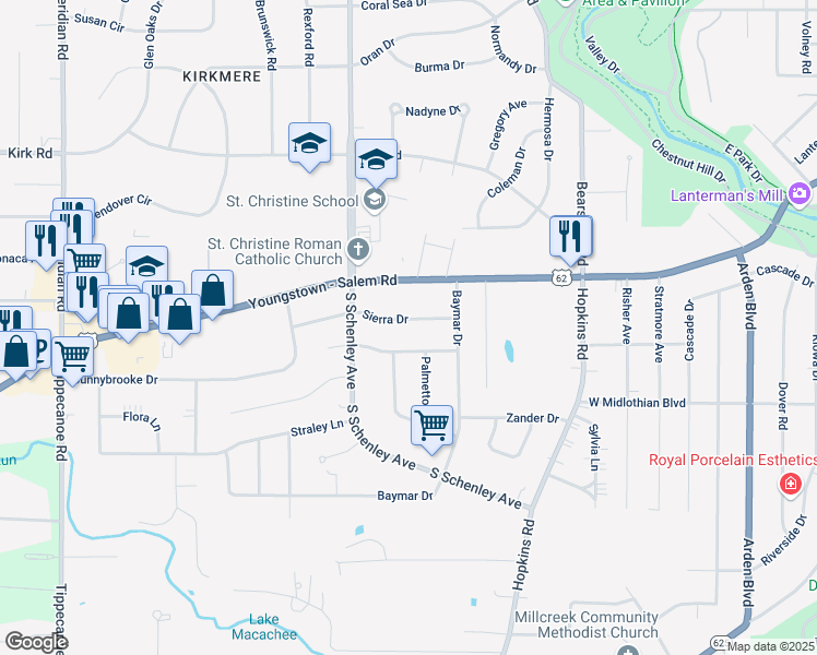 map of restaurants, bars, coffee shops, grocery stores, and more near 2561 Sierra Drive in Youngstown