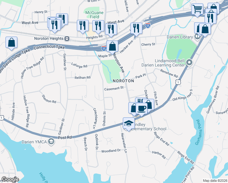 map of restaurants, bars, coffee shops, grocery stores, and more near 12 Casement Street in Darien