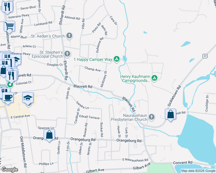 map of restaurants, bars, coffee shops, grocery stores, and more near 26 McKinley Street in Pearl River