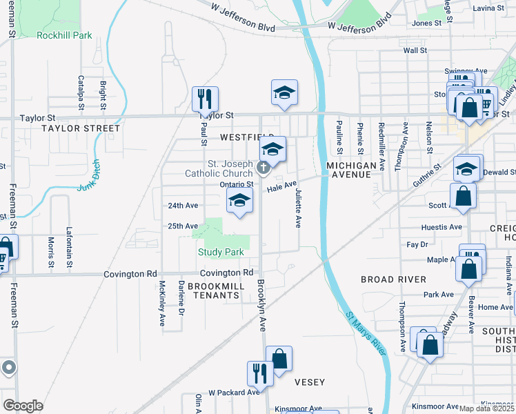 map of restaurants, bars, coffee shops, grocery stores, and more near 2324 Brooklyn Avenue in Fort Wayne