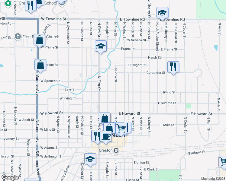 map of restaurants, bars, coffee shops, grocery stores, and more near 606 North Pine Street in Creston
