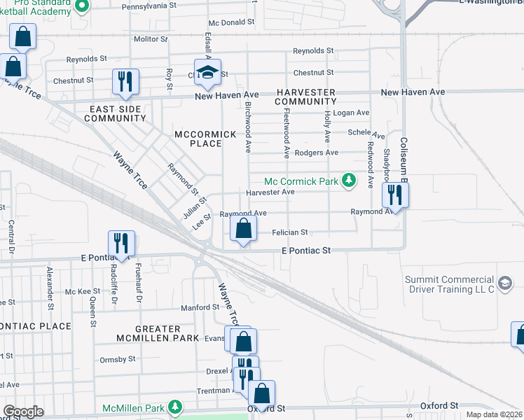 map of restaurants, bars, coffee shops, grocery stores, and more near 3210 Harvester Street in Fort Wayne