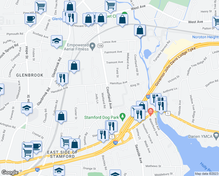 map of restaurants, bars, coffee shops, grocery stores, and more near 192 Hamilton Avenue in Stamford