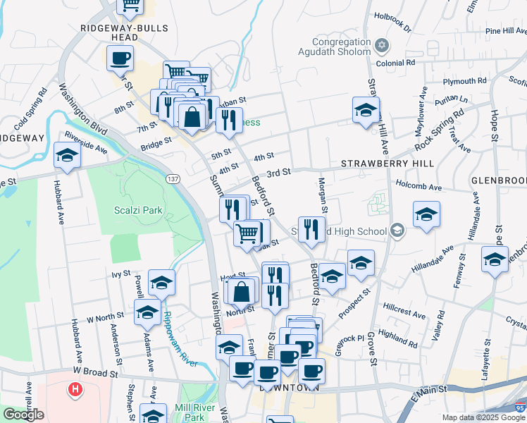 map of restaurants, bars, coffee shops, grocery stores, and more near 1435 Bedford Street in Stamford