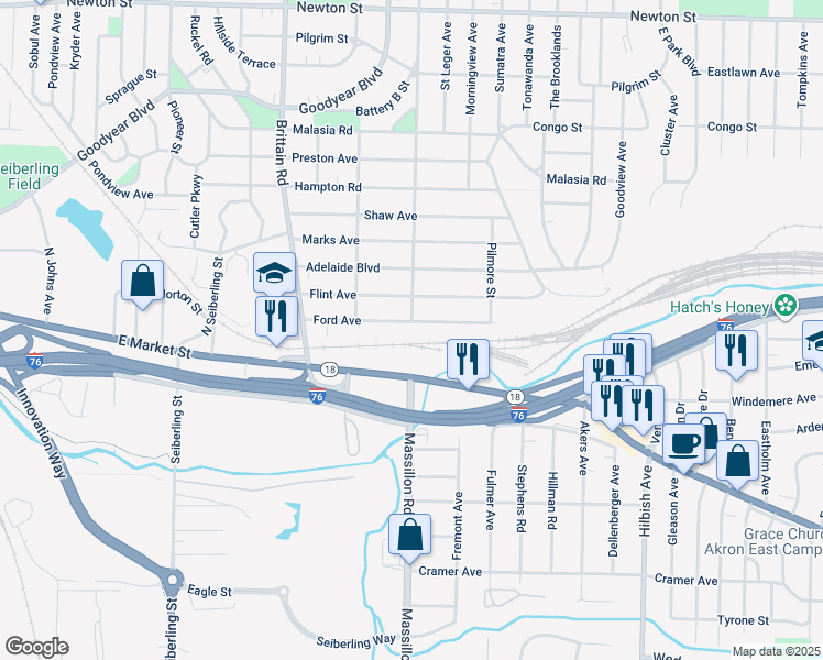 map of restaurants, bars, coffee shops, grocery stores, and more near 1845 Ford Avenue in Akron
