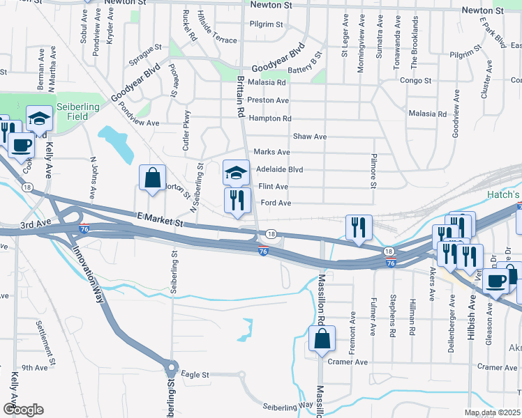 map of restaurants, bars, coffee shops, grocery stores, and more near 57 Brittain Road in Akron