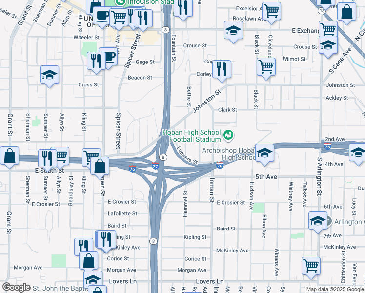 map of restaurants, bars, coffee shops, grocery stores, and more near 507 Hammel Street in Akron