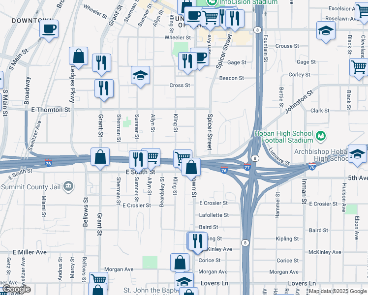map of restaurants, bars, coffee shops, grocery stores, and more near 671 Kling Street in Akron