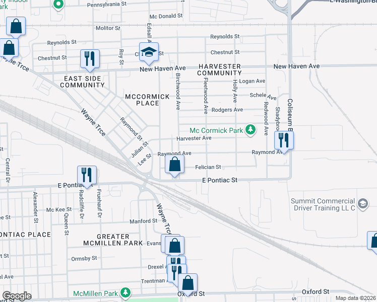 map of restaurants, bars, coffee shops, grocery stores, and more near 3210 Harvester Street in Fort Wayne