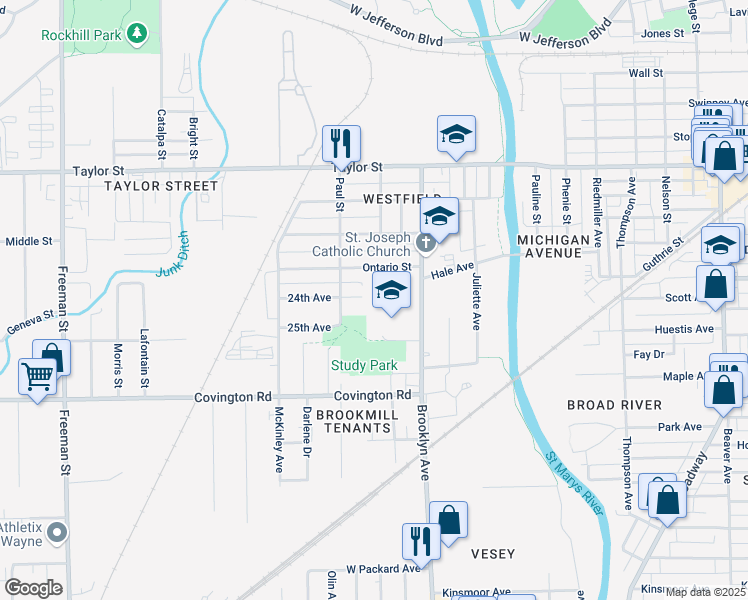 map of restaurants, bars, coffee shops, grocery stores, and more near 2058 Ontario Circle in Fort Wayne