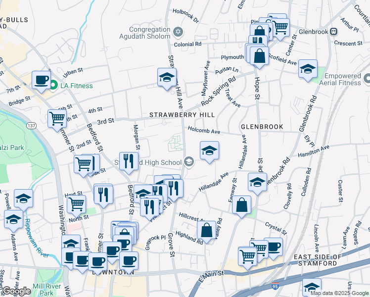 map of restaurants, bars, coffee shops, grocery stores, and more near 55 Strawberry Hill Avenue in Stamford