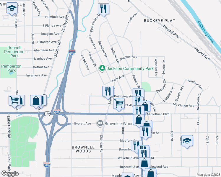 map of restaurants, bars, coffee shops, grocery stores, and more near 3664 Sheridan Road in Youngstown