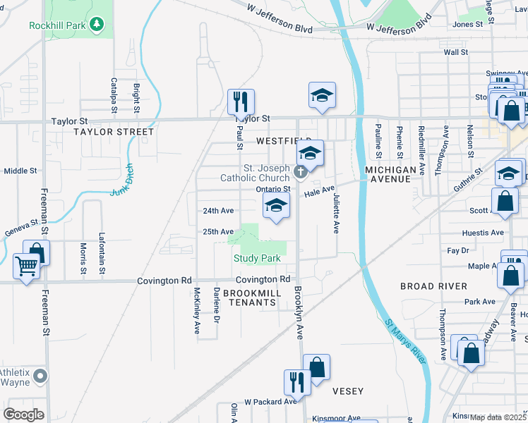 map of restaurants, bars, coffee shops, grocery stores, and more near 2058 Ontario Circle in Fort Wayne