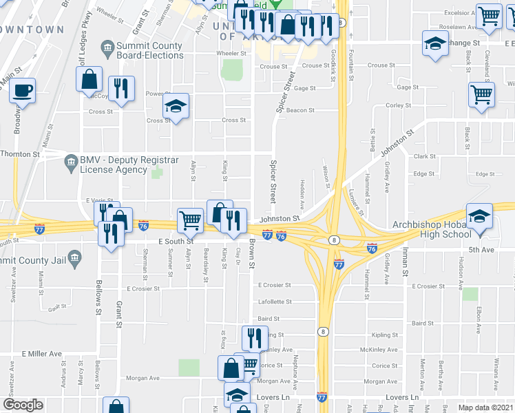 map of restaurants, bars, coffee shops, grocery stores, and more near 673 Brown Street in Akron