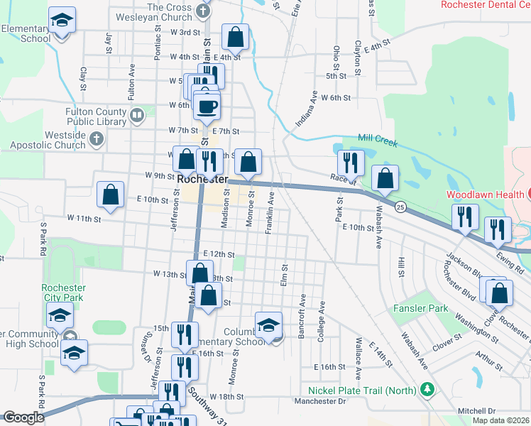 map of restaurants, bars, coffee shops, grocery stores, and more near 352-398 East 10th Street in Rochester