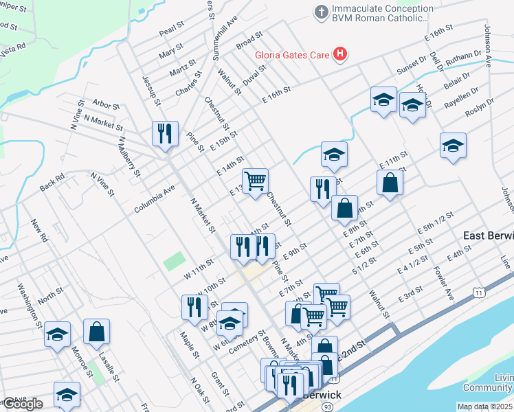 map of restaurants, bars, coffee shops, grocery stores, and more near 1205 Chestnut Street in Berwick