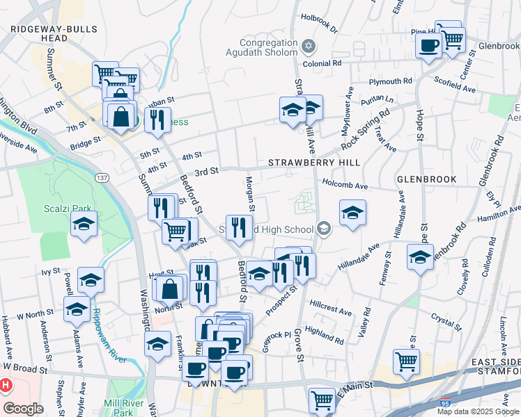 map of restaurants, bars, coffee shops, grocery stores, and more near 120 Strawberry Hill Avenue in Stamford