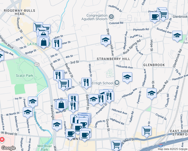 map of restaurants, bars, coffee shops, grocery stores, and more near 120 Strawberry Hill Avenue in Stamford