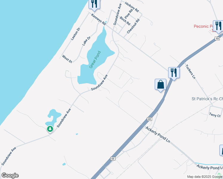 map of restaurants, bars, coffee shops, grocery stores, and more near 385 Hope Lane in Southold