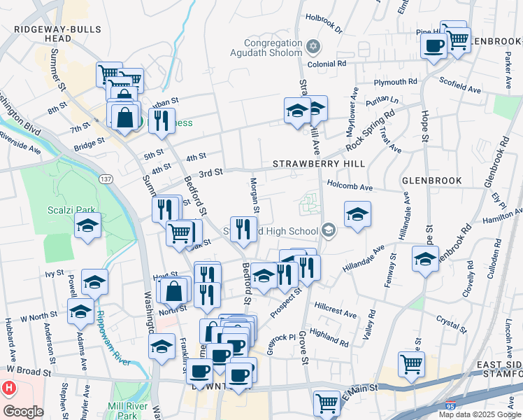 map of restaurants, bars, coffee shops, grocery stores, and more near 100 Morgan Street in Stamford