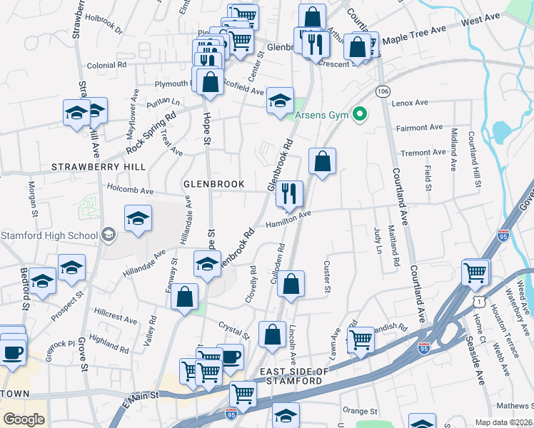 map of restaurants, bars, coffee shops, grocery stores, and more near 303 Glenbrook Road in Stamford