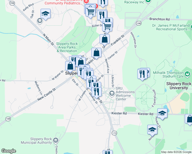 map of restaurants, bars, coffee shops, grocery stores, and more near 224 Center Street in Slippery Rock