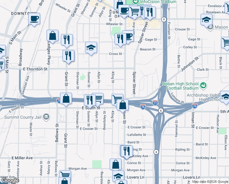 map of restaurants, bars, coffee shops, grocery stores, and more near 689 Kling Street in Akron