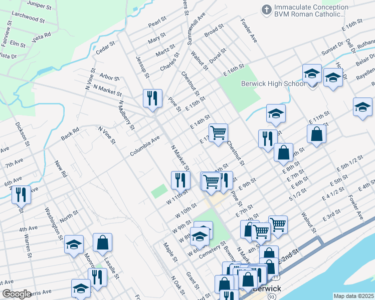 map of restaurants, bars, coffee shops, grocery stores, and more near 1401 North Market Street in Berwick