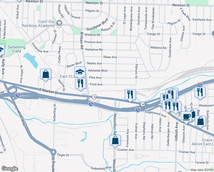 map of restaurants, bars, coffee shops, grocery stores, and more near 1790 Ford Avenue in Akron