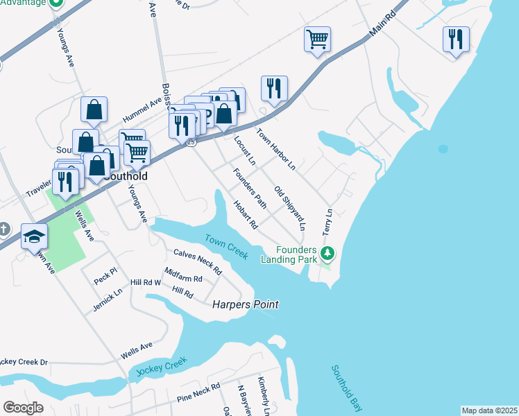 map of restaurants, bars, coffee shops, grocery stores, and more near 930 Founders Path in Southold
