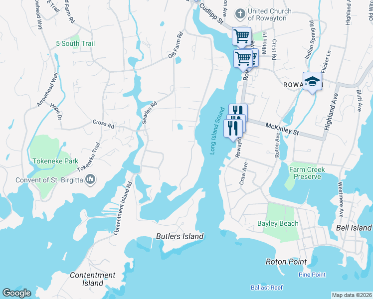 map of restaurants, bars, coffee shops, grocery stores, and more near 124 5 Mile River Road in Darien
