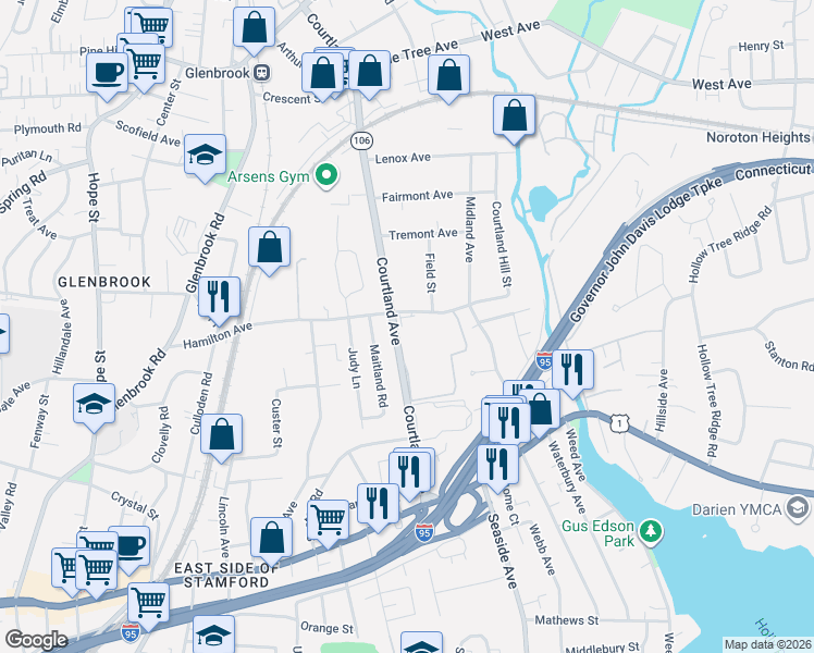 map of restaurants, bars, coffee shops, grocery stores, and more near 192 Hamilton Avenue in Stamford