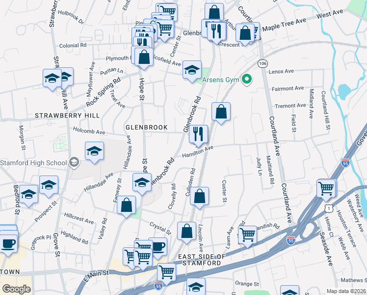 map of restaurants, bars, coffee shops, grocery stores, and more near 303 Glenbrook Road in Stamford