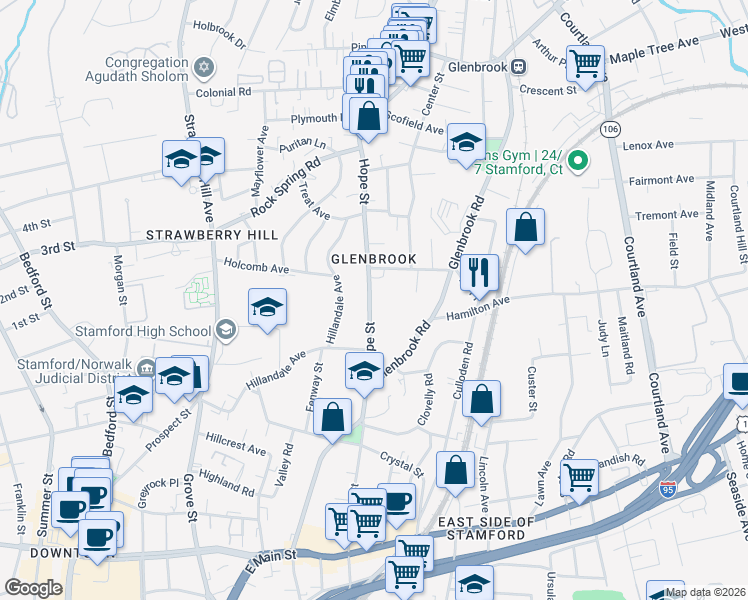map of restaurants, bars, coffee shops, grocery stores, and more near 4 Howes Avenue in Stamford