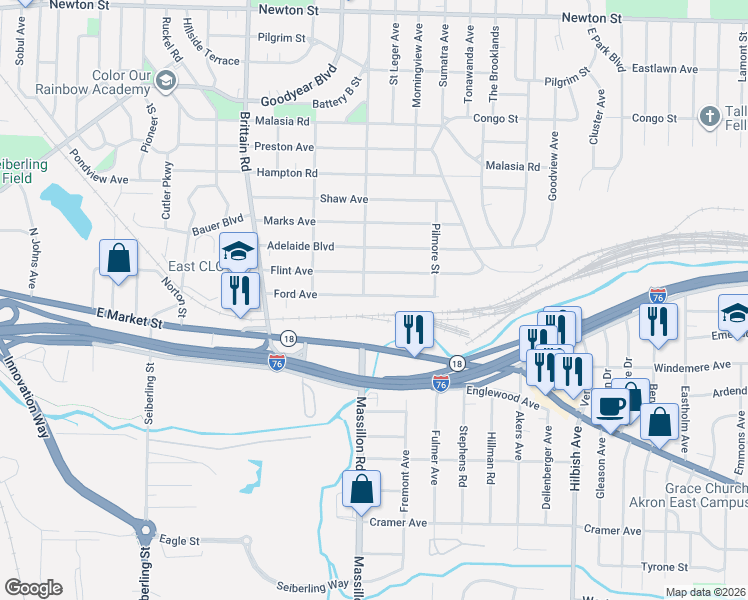 map of restaurants, bars, coffee shops, grocery stores, and more near 1845 Ford Avenue in Akron