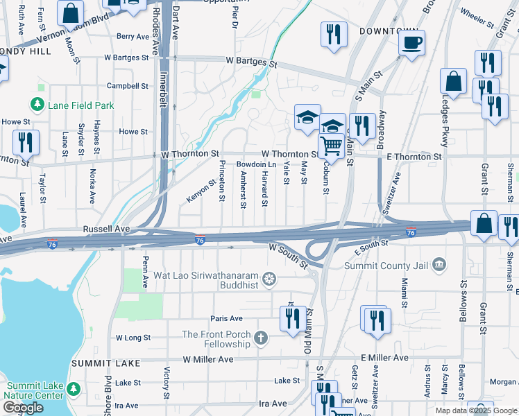map of restaurants, bars, coffee shops, grocery stores, and more near 823 Amherst Street in Akron