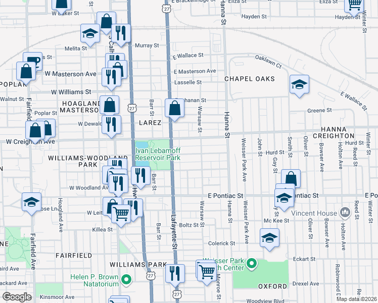 map of restaurants, bars, coffee shops, grocery stores, and more near 2316 Warsaw Street in Fort Wayne