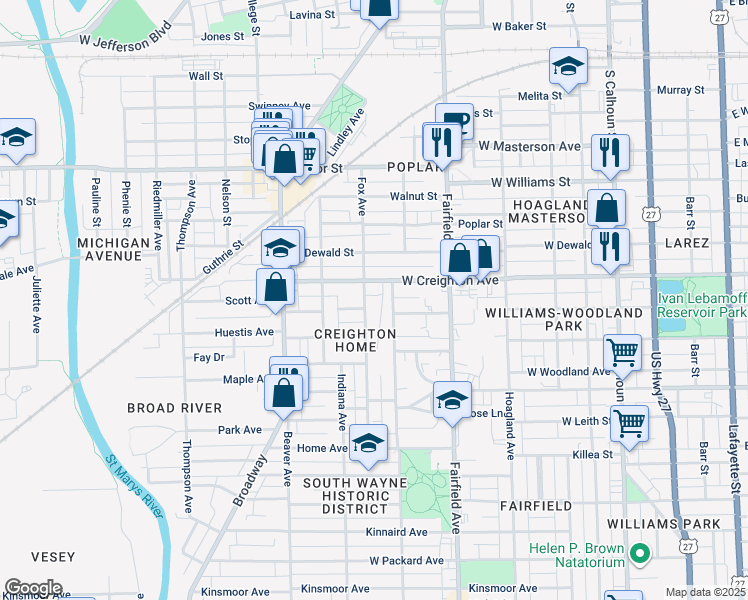 map of restaurants, bars, coffee shops, grocery stores, and more near 807 West Creighton Avenue in Fort Wayne