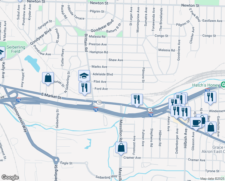 map of restaurants, bars, coffee shops, grocery stores, and more near 1790 Ford Avenue in Akron