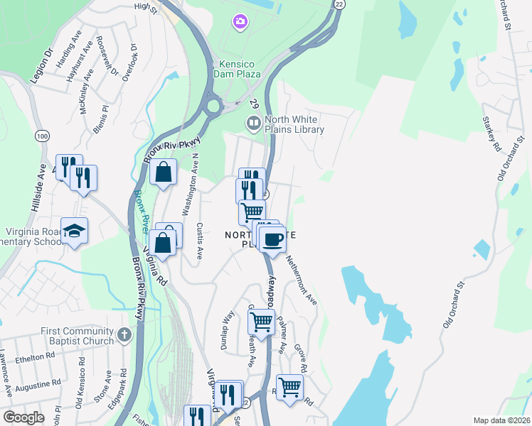 map of restaurants, bars, coffee shops, grocery stores, and more near 22 Kensico Knoll Road in White Plains