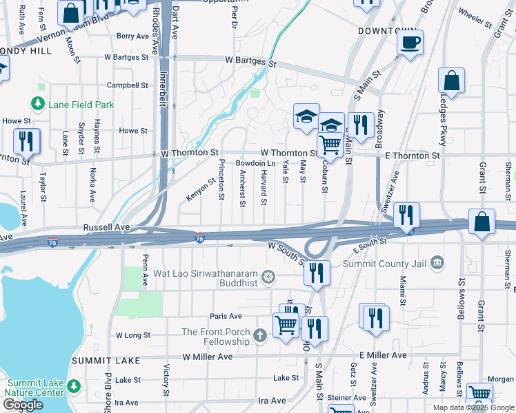 map of restaurants, bars, coffee shops, grocery stores, and more near 823 Amherst Street in Akron